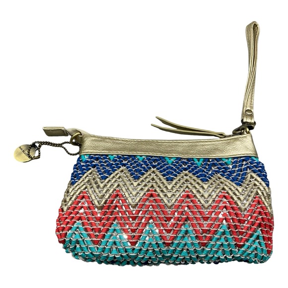 Big Buddha Handbags - Big Buddha Woven Chevron Wristlet Crossbody Bag Gold Multi Zig Zag Small Bag
